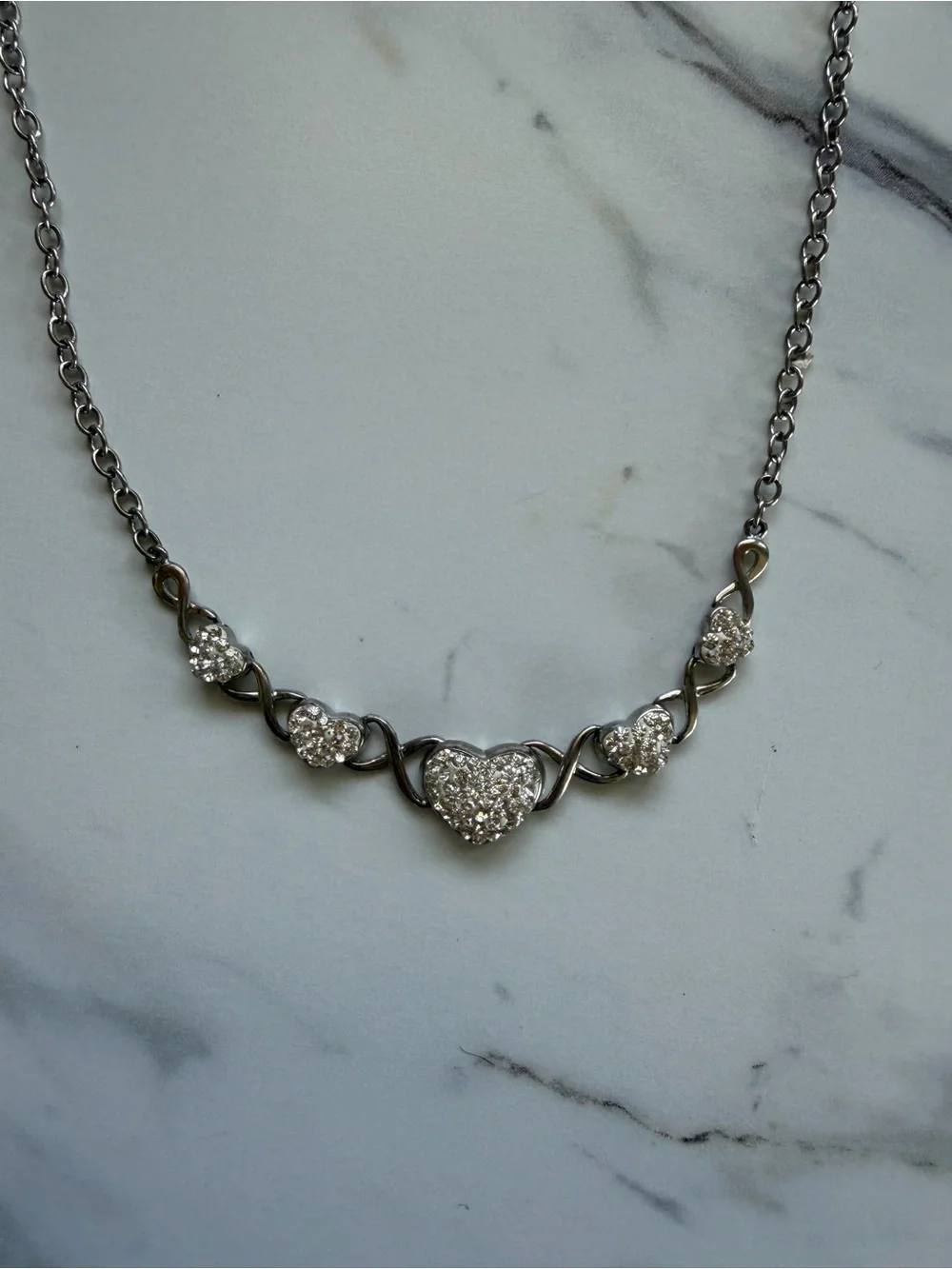 Vintage Silver Tone Rhinestone Heart Necklace ✨ Romantic Y2K